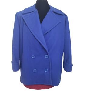 Maryon Vintage Double Breasted Pockets 3/4 Sleeve Blue Wool Coat Plus Size 14